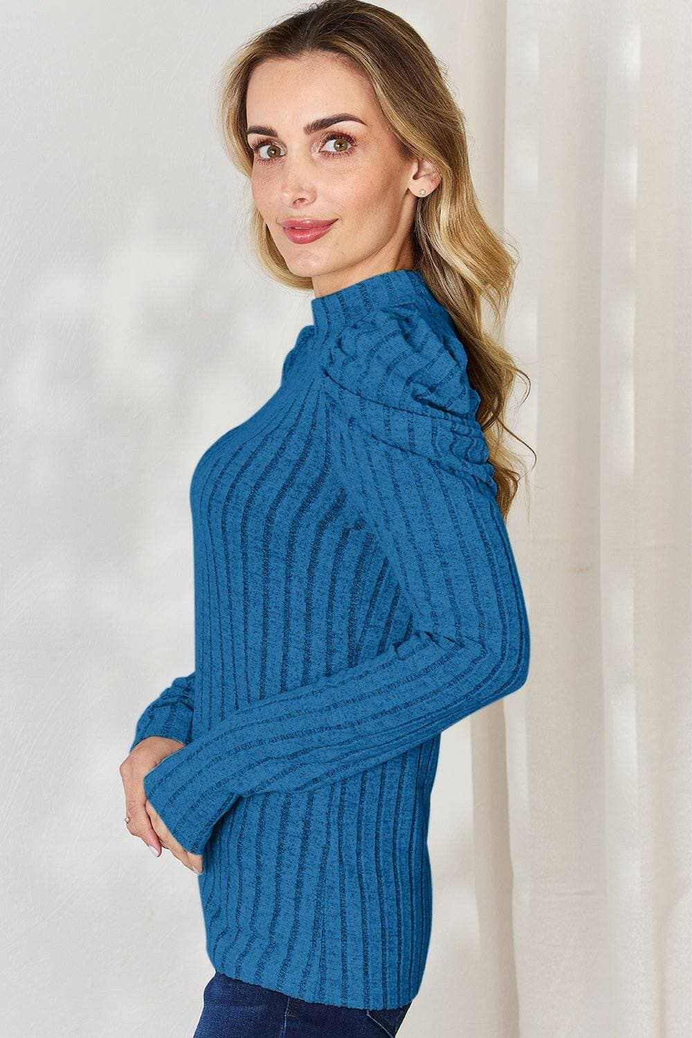 Ribbed mock neck top with puff sleeves - Love Salve